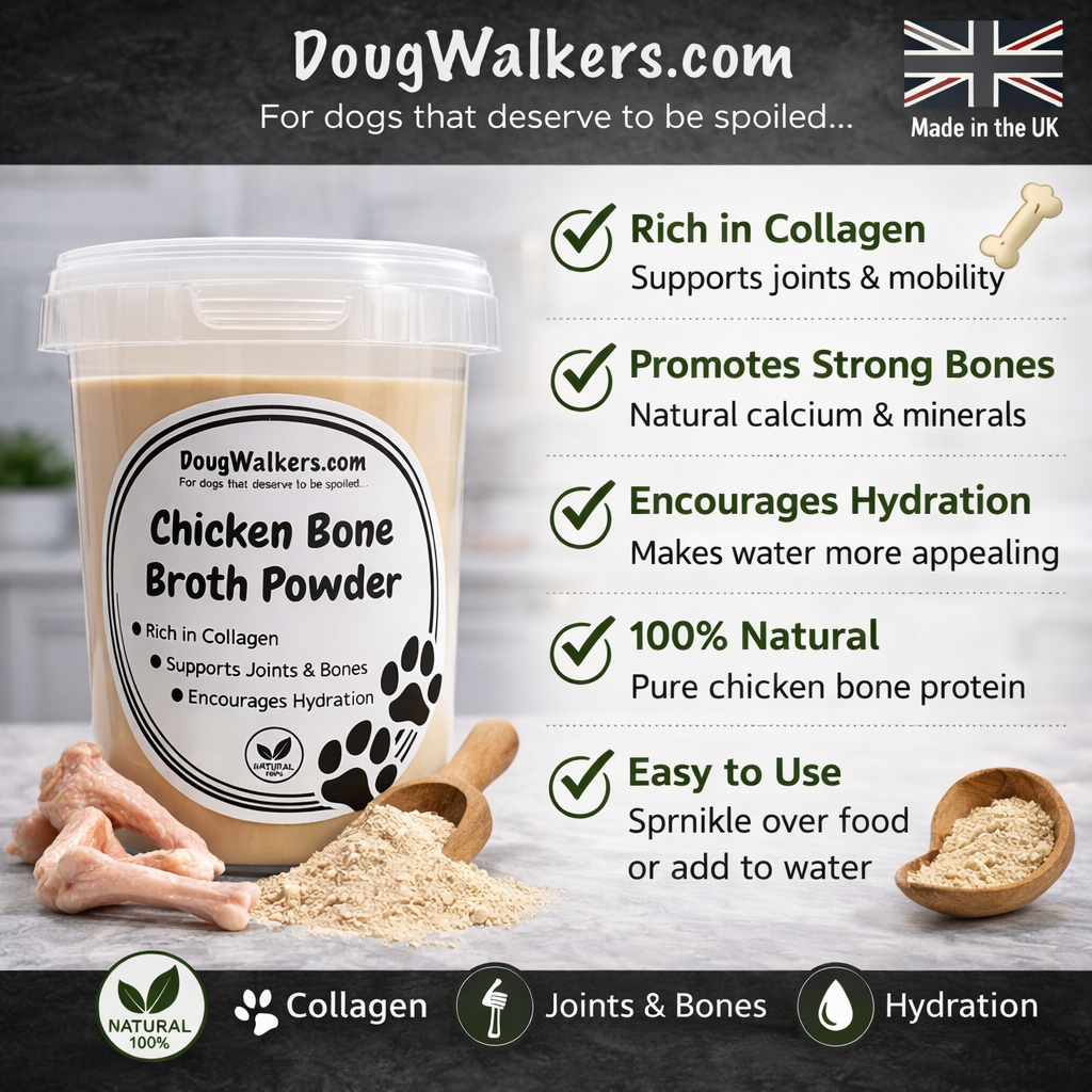 Doug Walkers chicken bone broth powder benefits including collagen joint support hydration and natural ingredients