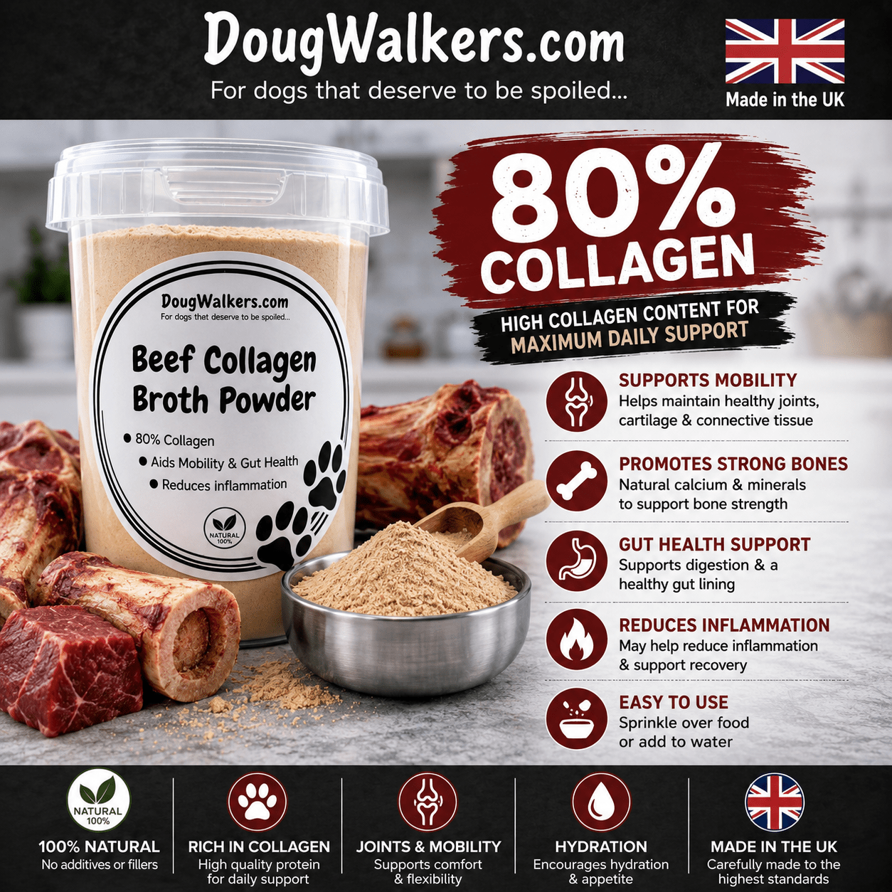 Beef Collagen Broth Powder For Dogs UK | 80% Collagen Support 180g - Doug Walkers