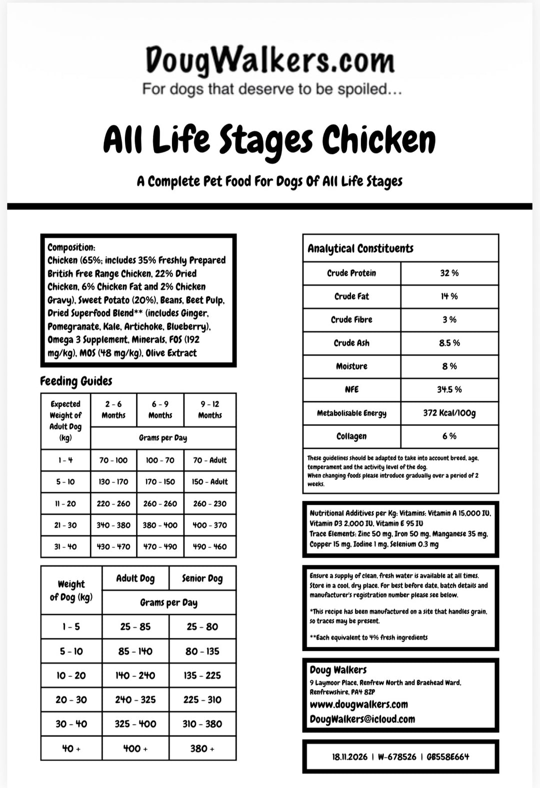 Doug Walkers All Life Stages Chicken dog food rear label with feeding guide, ingredients and nutritional analysis