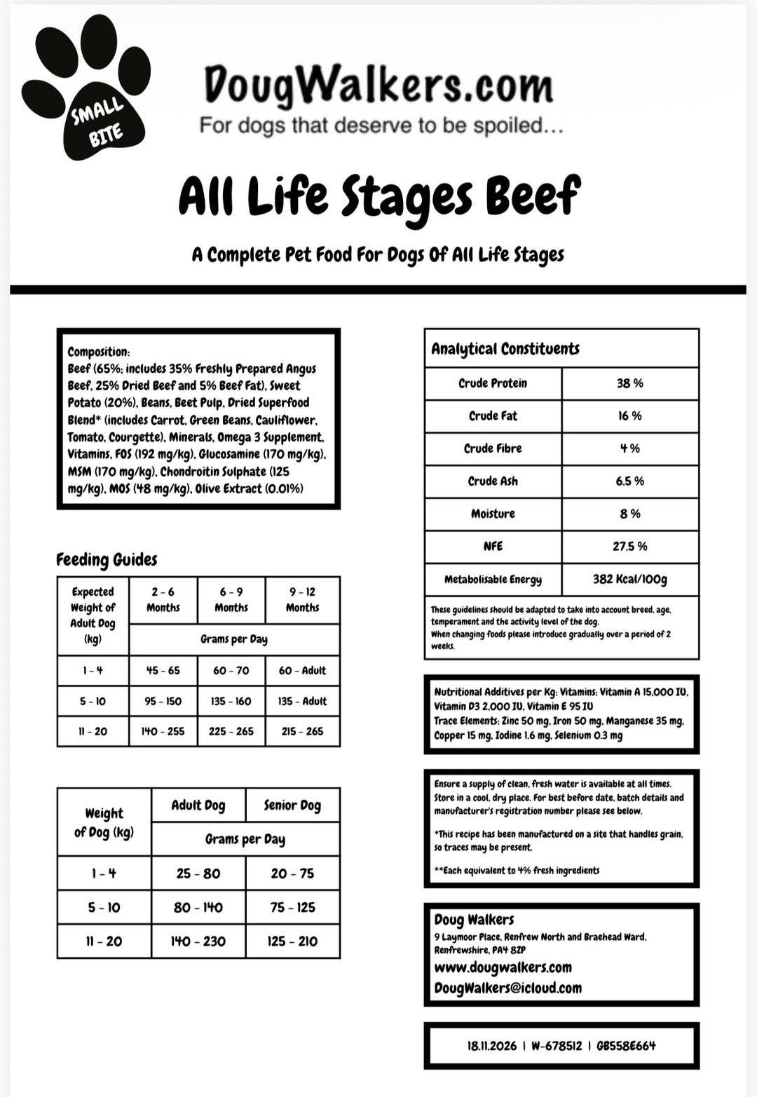 Doug Walkers All Life Stages Small Bite Beef dog food rear label with feeding guide, ingredients and nutritional analysis