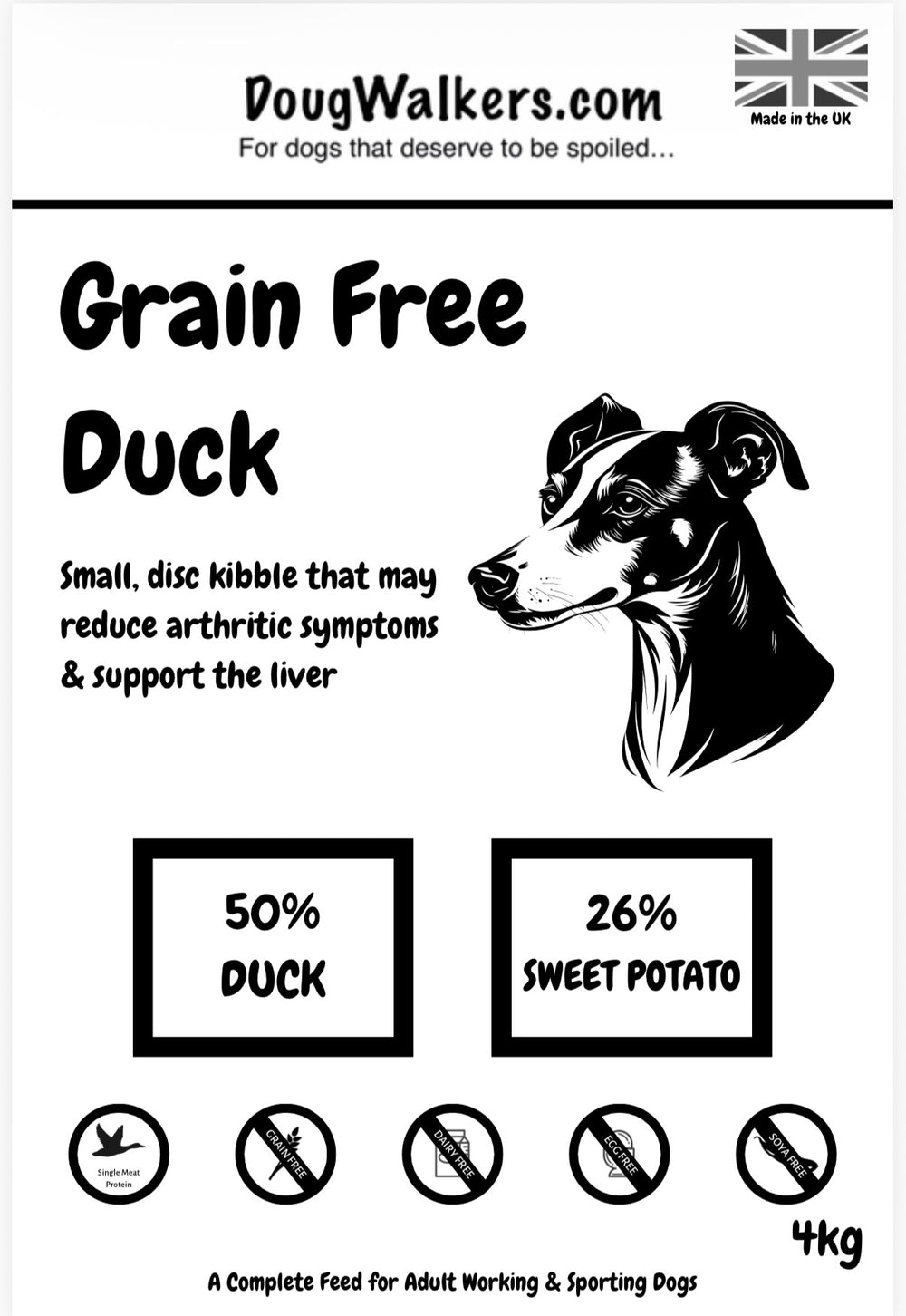 Doug Walkers Grain Free Duck dog food front label highlighting 50 percent duck, 26 percent sweet potato, small bite kibble and grain free icons.