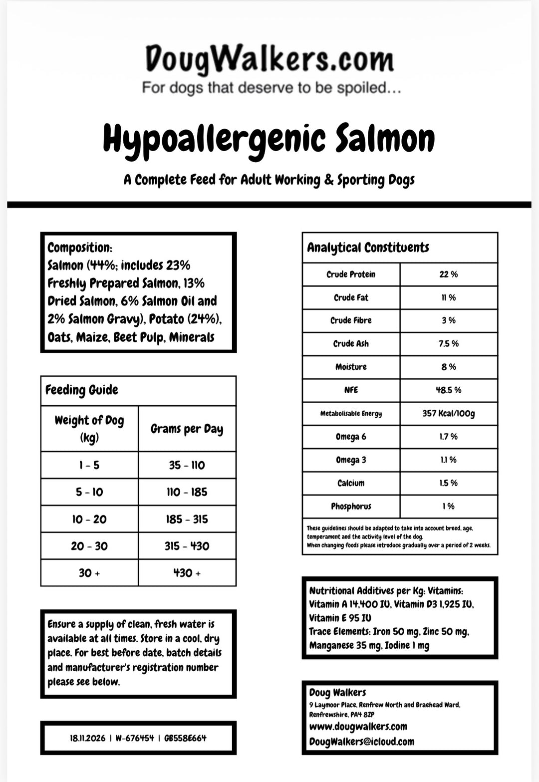 Doug Walkers Hypoallergenic Salmon dog food rear label with feeding guide, ingredients and nutritional analysis.