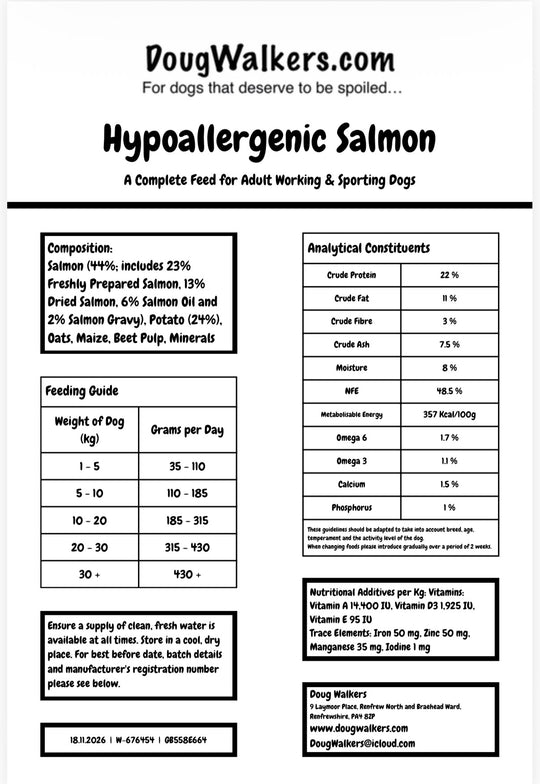 Doug Walkers Hypoallergenic Salmon dog food rear label with feeding guide, ingredients and nutritional analysis.