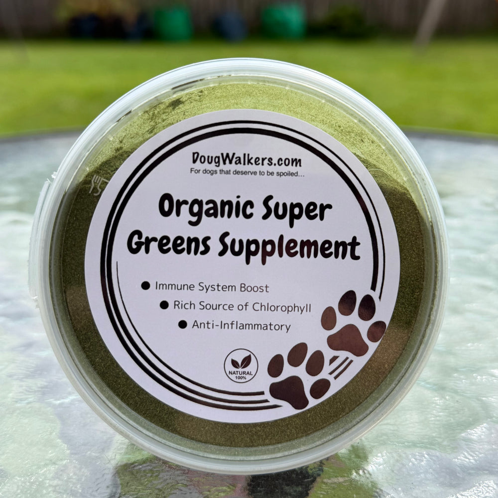 Doug Walkers Organic Super Greens supplement for dogs, 80g tub with immune support, chlorophyll source and anti-inflammatory benefits