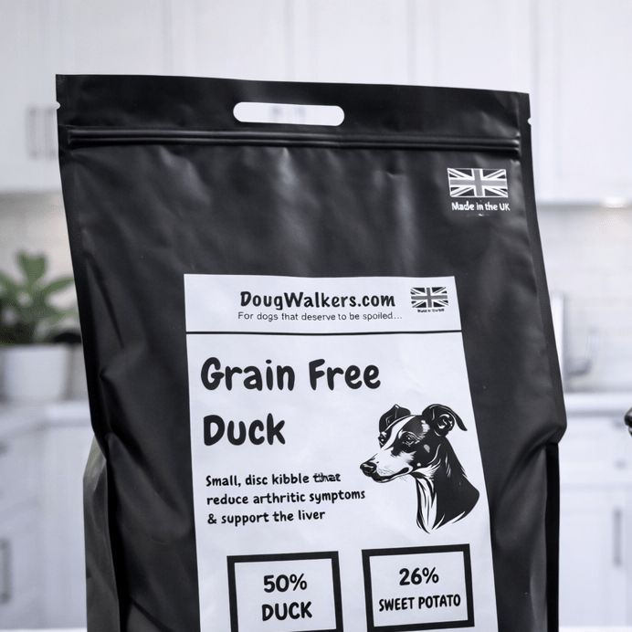 Grain free duck dog food 4kg made in the UK with 50% duck and 26% sweet potato, featuring natural ingredients for active dogs, sensitive digestion, joint support and premium grain free dog nutrition from DougWalkers.com.
